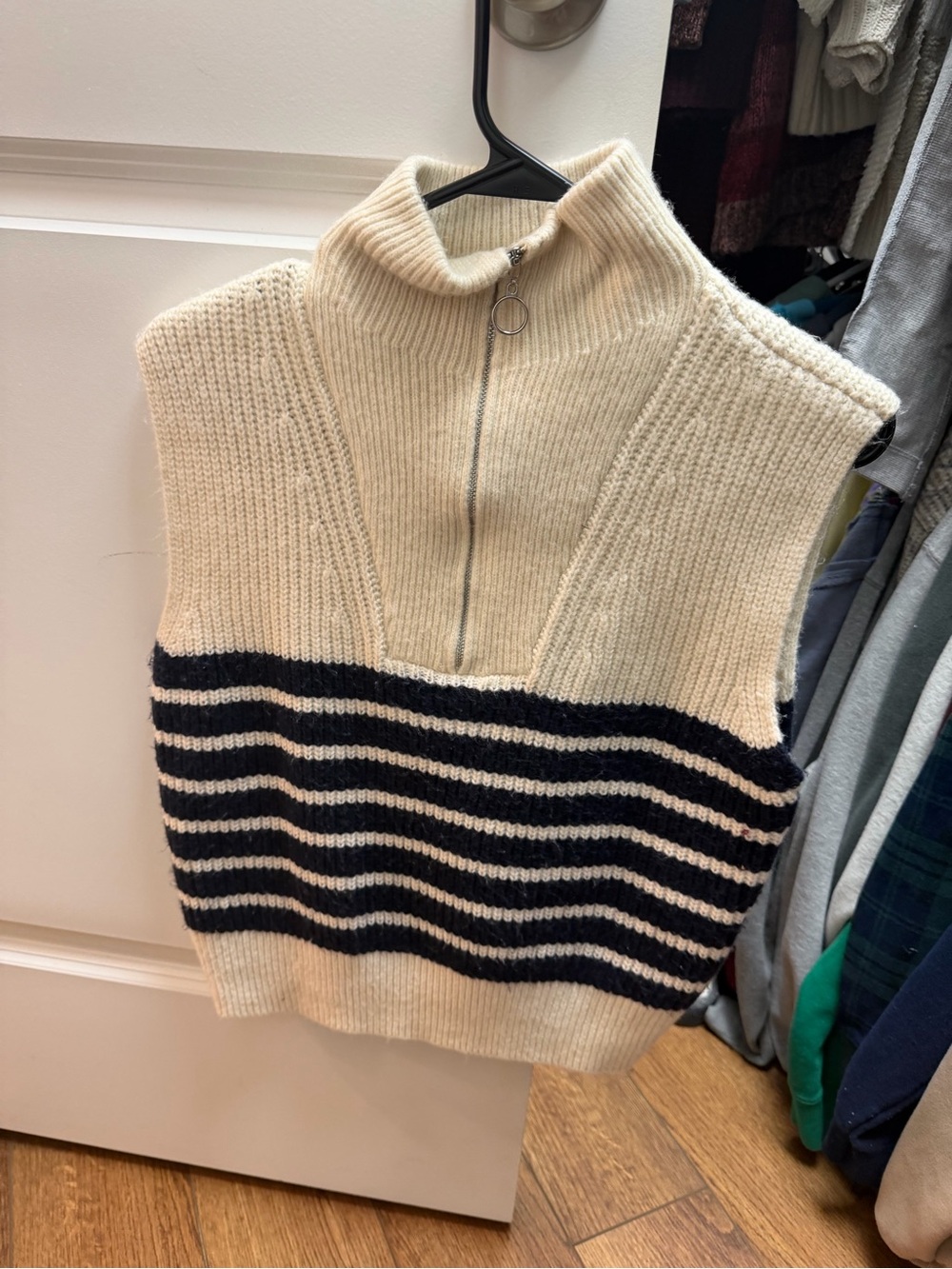 Cream and Navy Blue Striped Half-Zip Sweater Vest
